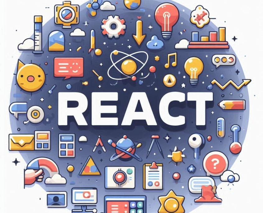 “Explanatory image about React with the title ‘React’ in the center.”