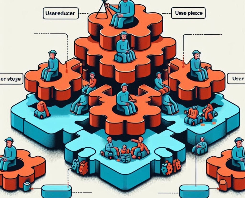 Diagrama que muestra cómo varias piezas de estados se combinan en una sola pieza de estado utilizando el hook useReducer.