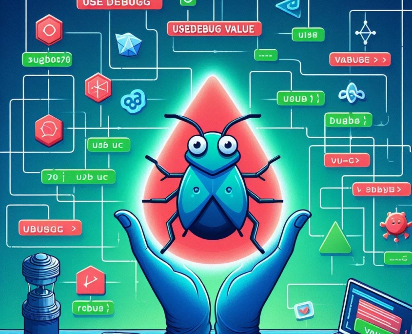 Illustration of a debugging process in React with the word ‘useDebugValue’ highlighted.