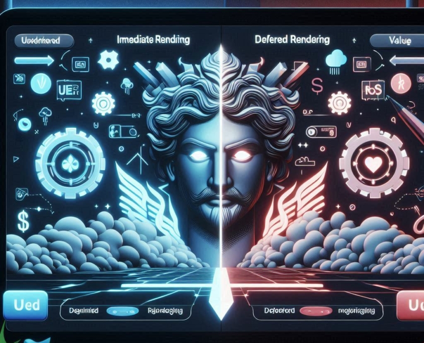 Comparison of immediate and deferred rendering on a screen, with the word ‘useDeferredValue’.
