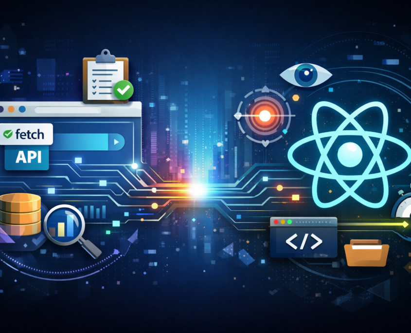 Digital illustration showing React interacting with browser APIs like fetch, IntersectionObserver, Storage, Clipboard, and animations in a modern tech style.