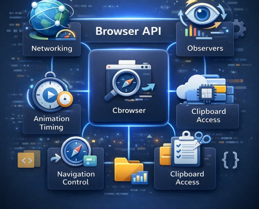 Digital illustration of key browser API components, including Networking, Observers, Storage, Clipboard Access, Navigation Control, and Animation Timing.