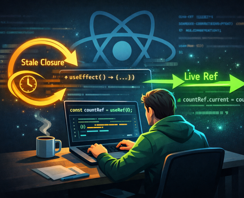 Illustration representing the stale closure problem in React, showing how useEffect and useRef are used to access up-to-date values inside a component.