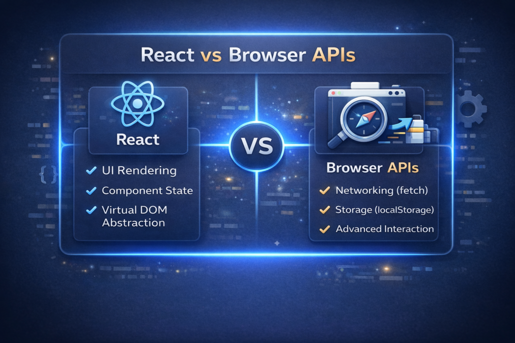 nfografía que compara React y las APIs del navegador, mostrando que React se encarga del renderizado de la UI, estado de los componentes y abstracción del DOM virtual, mientras que las APIs del navegador gestionan networking, almacenamiento y otras interacciones avanzadas.