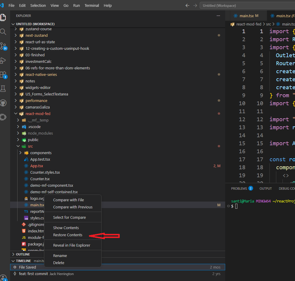 VS Code Explorer panel showing the Timeline section used to recover lost file history after a Claude Code terminal incident.